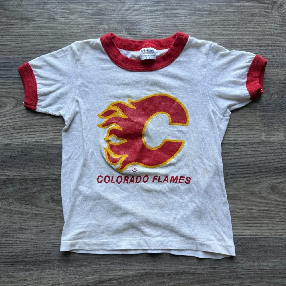 VTG 80s Colorado Flames CHL Minor League Hockey Ringer T Shirt Youth S 6-8 RARE